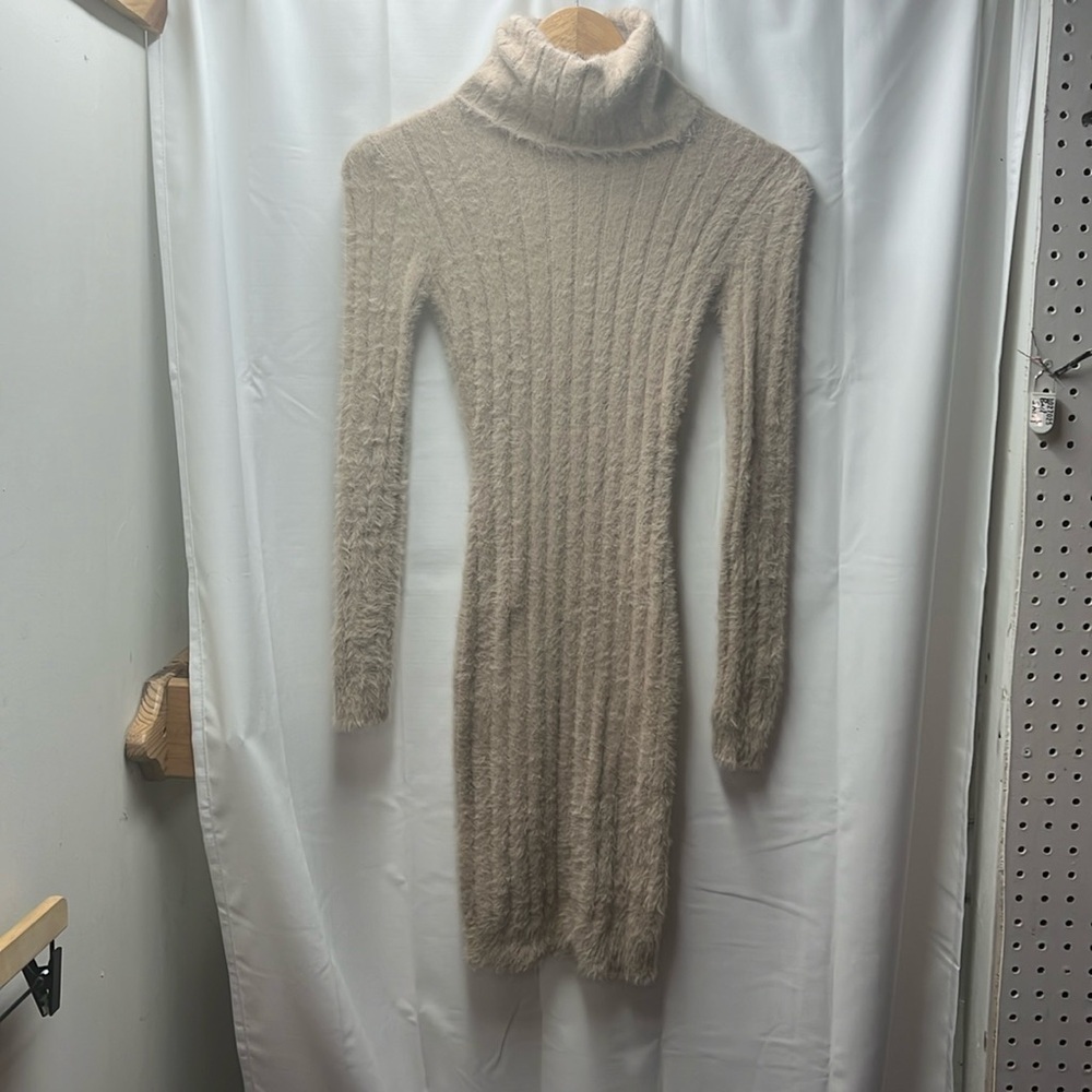 Meshki Tan Eyelash Texture Turtleneck Midi Dress- XS